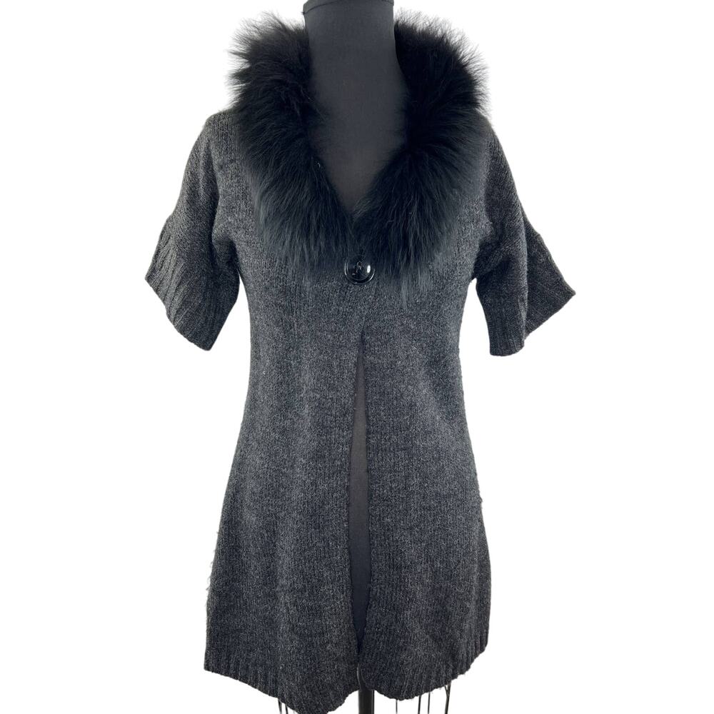 Sisters Dark Gray Wool Blend Fur Trim Short Sleeve Cardigan Sweater S Small
